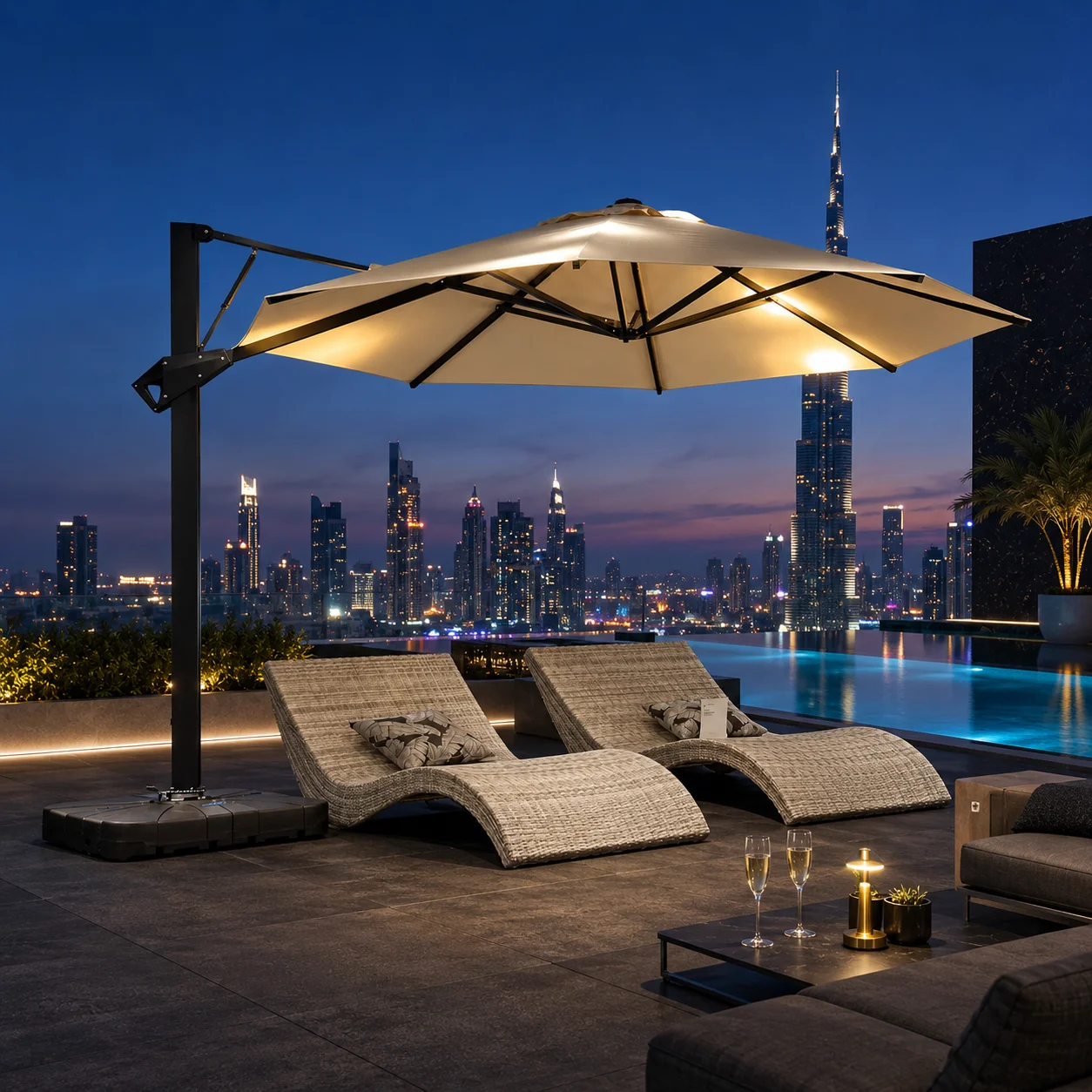 Aluminum Outdoor Waterproof Sunshade Parasol Umbrella Resin Base Modern Design Outdoor Furniture for Hotel Patio Villa Rooftop
