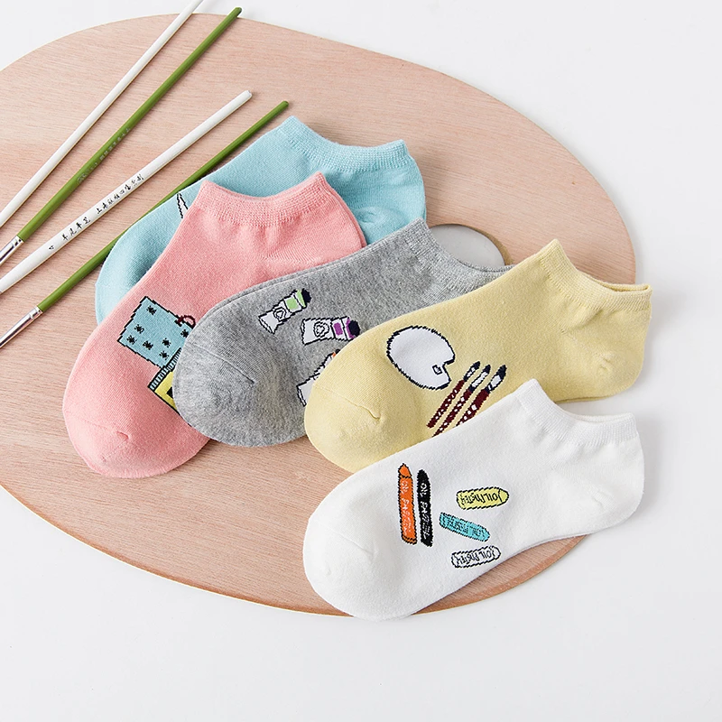 5 Pairs Women Casual Ankle Socks Funny Candy Color Cartoon Paintbrush Palette Pigment Cat Cute Pattern Female Happy Short Socks