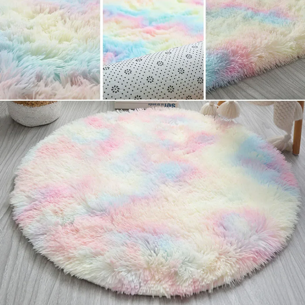 60CM Rainbow Round Fluffy Rugs Carpets Anti-Skid Shaggy Floor Mat For Living Room Home Decoration Bedroom Kid Room Home