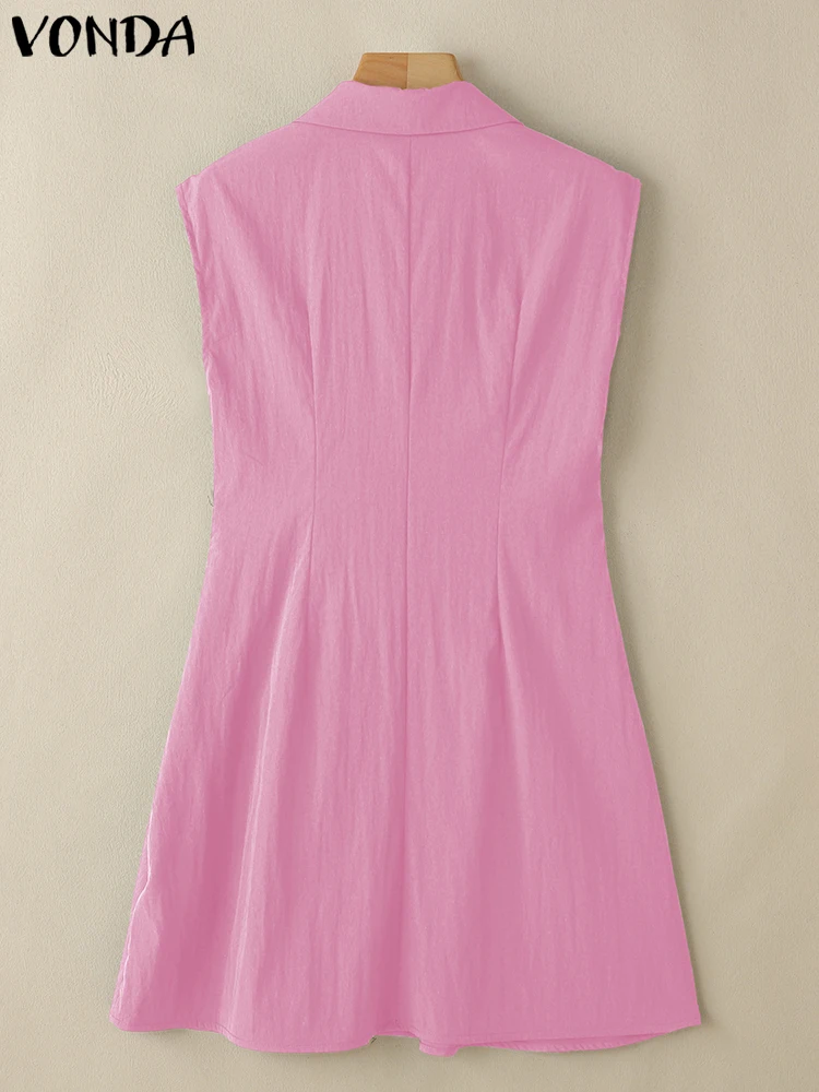 Solidna Mini Sukienka Damska Letnia Bez Rękawów Tank Sundress 2025 VONDA Casualowa Sukienka z Klapami i Guzikami Elegancka Falbankowa Vestidos Luźna Krótka Szata