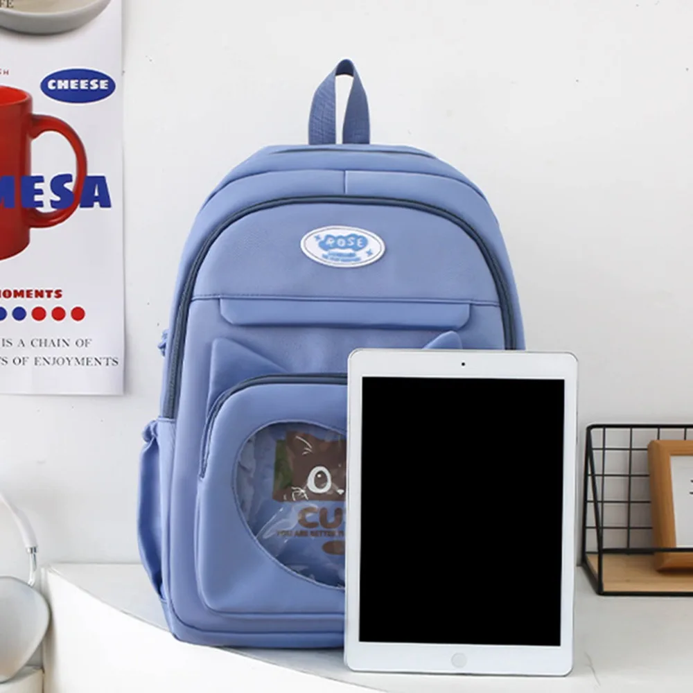 3pcs/set Nylon Transparent School Backpack Waterproof Large Capacity Cute Cat School Bag Set Badge Display Casual