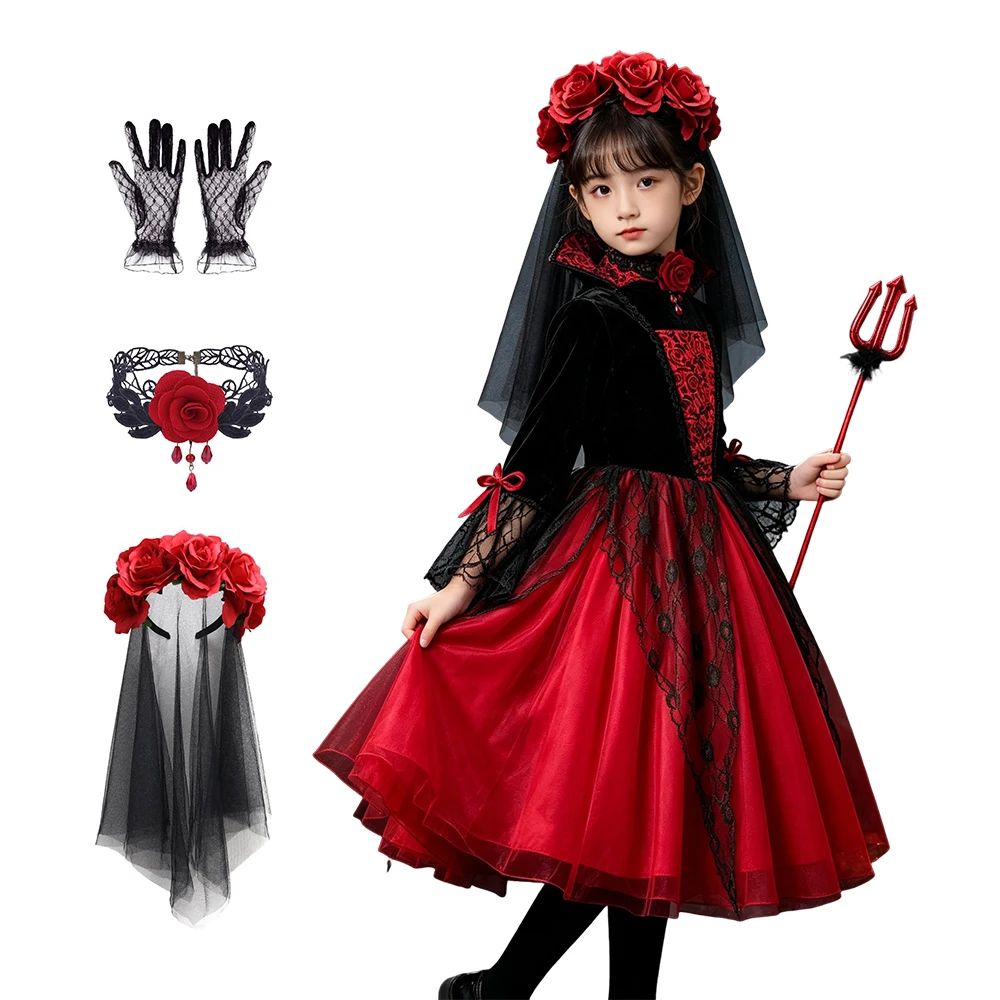Halloween Girl Cosplay Vampire Dress for Kids Ghost Bride Vampire Costume Vampiran Carnival Party Outfits Scarlet Gothic Clothes