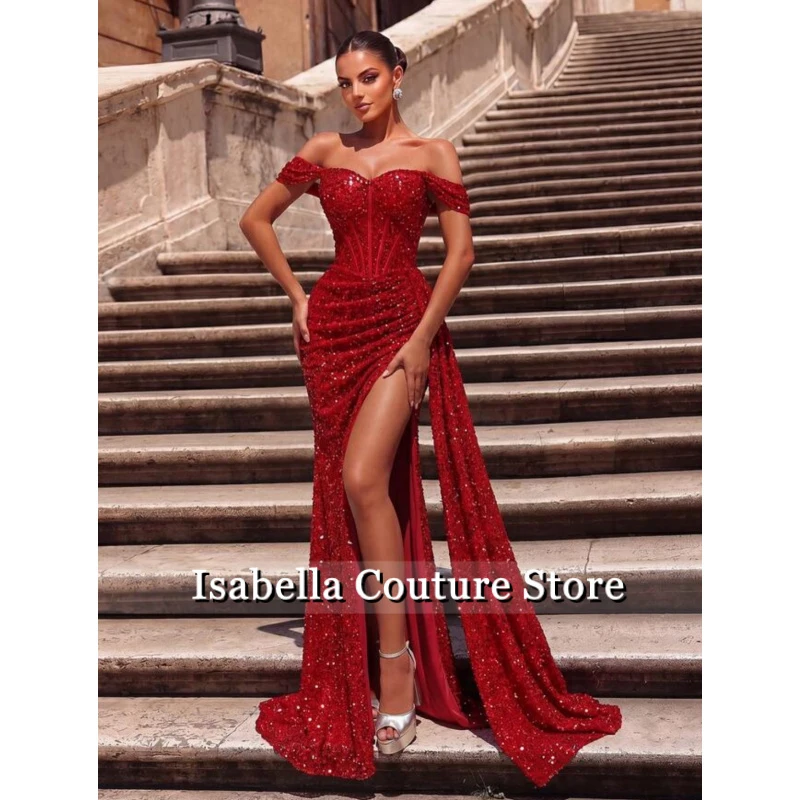 Evening Maxi Long Dress For Women Elegant Off Shoulder Sexy High Split Club Party Celebrity Evening Sequins Lady Customized