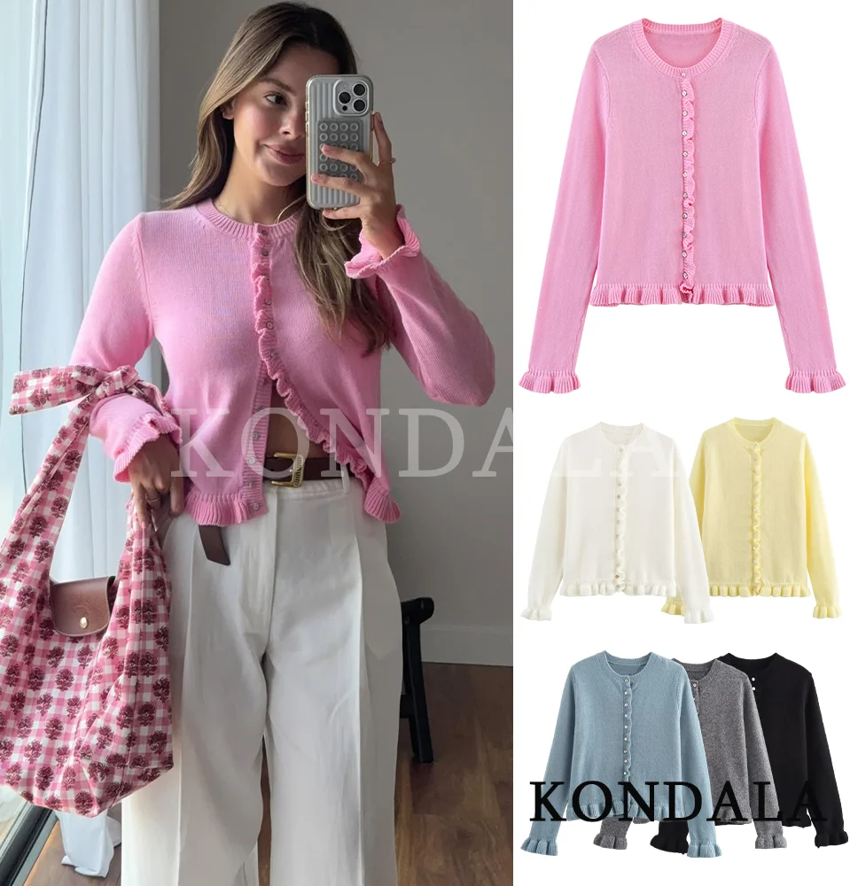 KONDALA Trendy Casual Knitted Cardigan Women Elegant Pleated Edge Slim Buttons Cardigan 2026 Spring Fashion Picnic Party Tops