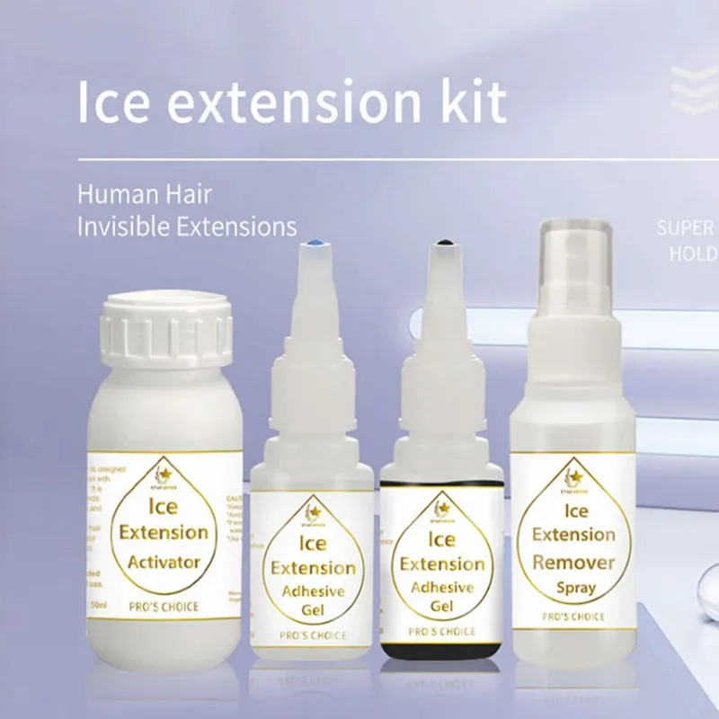 Ice Hair Extension Glue Gel Kit for Cold Bonding Hair Extension Four Bottle Bond Glue Adhesive and Remover Kit