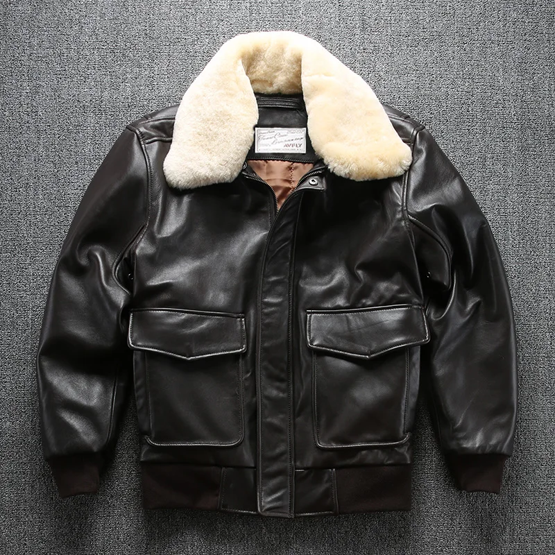 High Quality Pilot Coat Cotton Clothes Men\'s Wool Collar Leisure Plus Size Sheepskin Genuine Leather Jackets