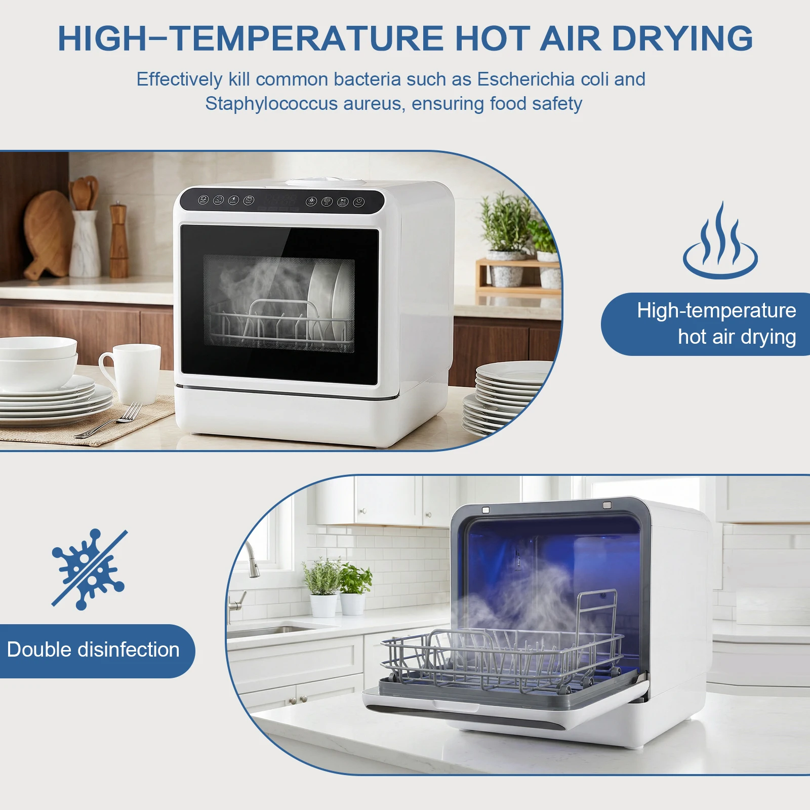 

Настольная посудомоечная машина с встроенным резервуаром для воды на 6 л, мини-посудомоечная машина 360 ° Двойная функция распыления и высокотемпературной сушки воздухом для квартир