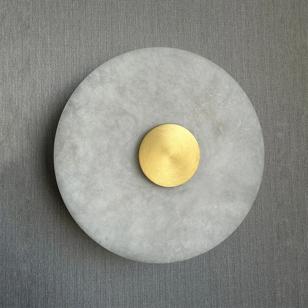 Spanish Natural Marble LED Wall Lamp Brass Round Sconce for Bedroom Living Room TV Background Aisle Bedside Art Decor Lighting