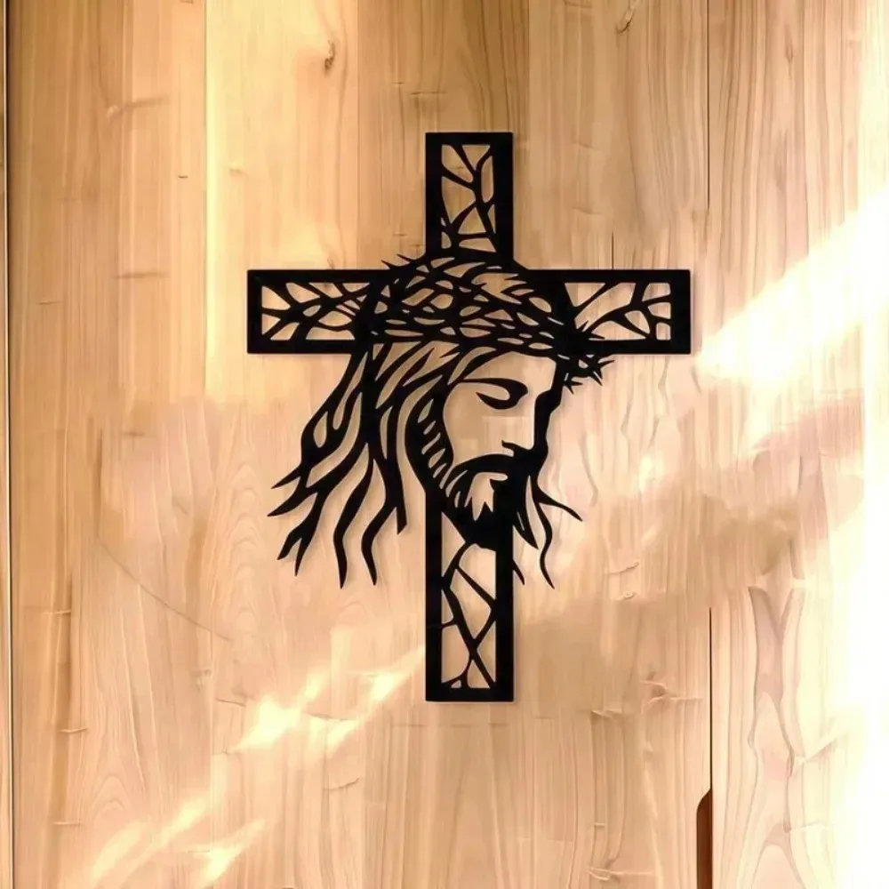 Metal Wall Art Cross Religious, Black Iron Christian Decor for Altar Prayer Room