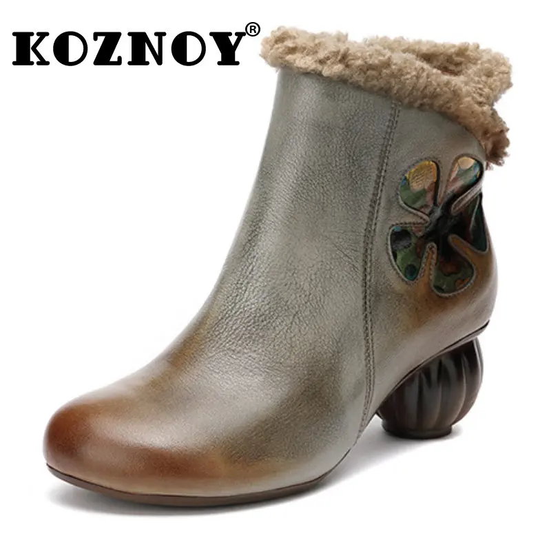 

Koznoy 5.5cm Genuine Leather Boots Luxury Designer Handmade Print Autumn Spring Winter Plush Warm Ethnic Ankle Shoes for Women