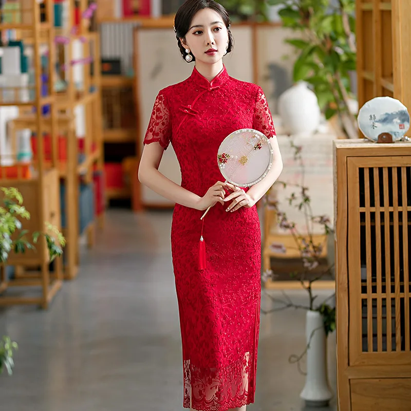 Qipao – robe chinoise rouge Sexy en dentelle, Patchwork ajouré