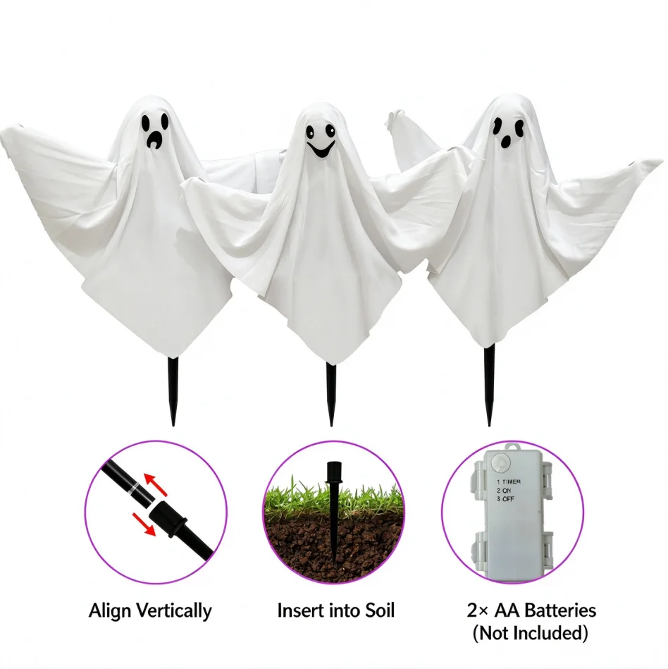3 Pack Halloween Ghost Garden Stakes White Fabric Ghost Yard Decor Outdoor Lawn Ground Stake Ornaments for Halloween Party Patio