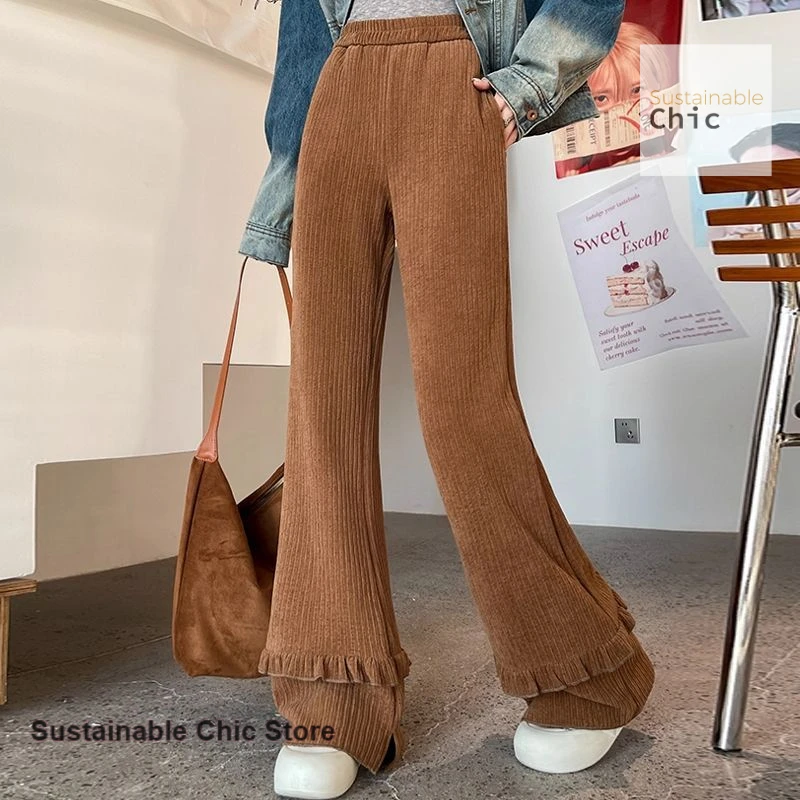 French Auricularia lace Austrian velvet micro-pants women's autumn and winter new velvet soft waxy leisure mop wide-leg pants.
