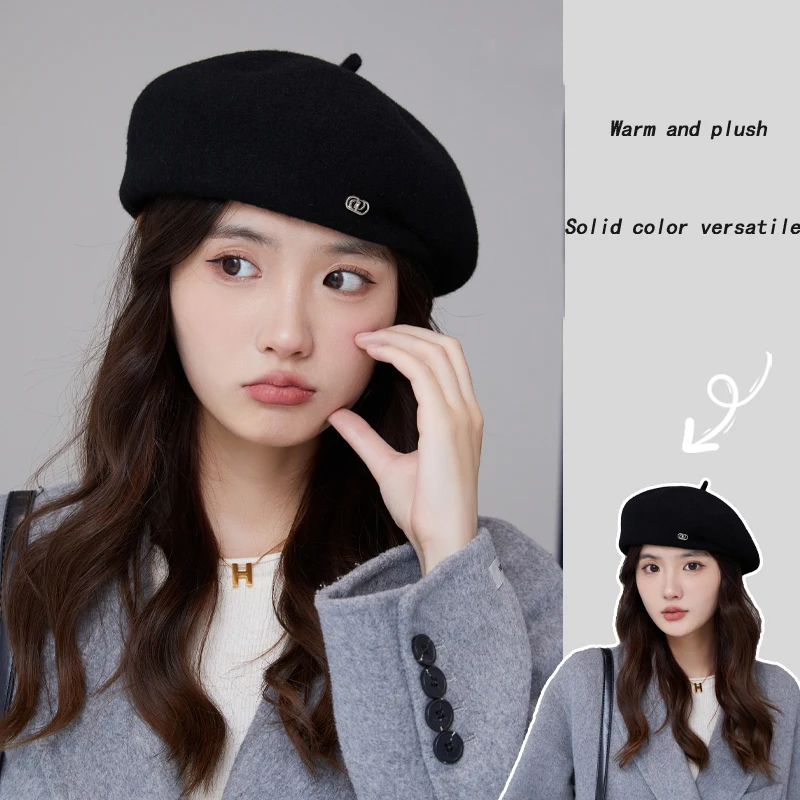 Korean Versatile Women's AutumnWinter Woolen Woolen Fabric Show Face Small French Retro Painter Beret