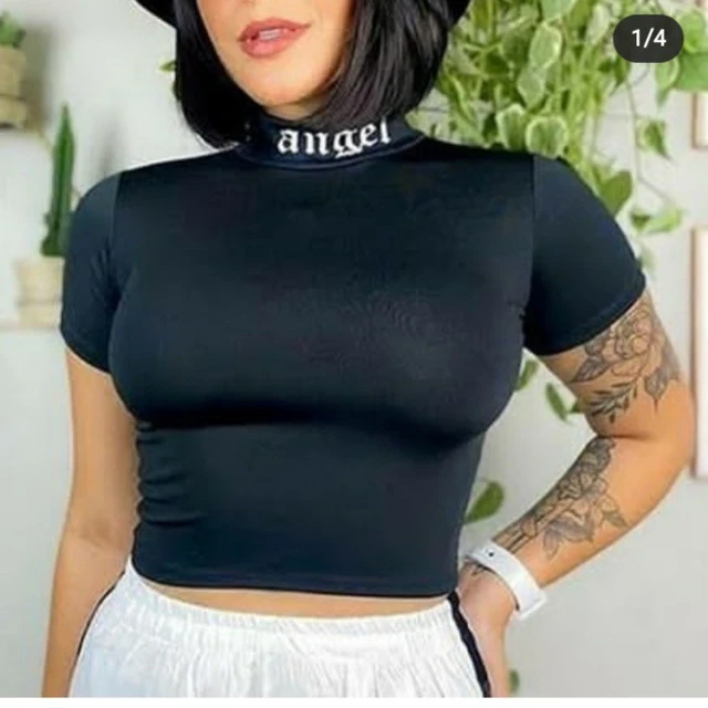 Blusa recortada de manga corta de Angel con cuello alto para mujer AliExpress