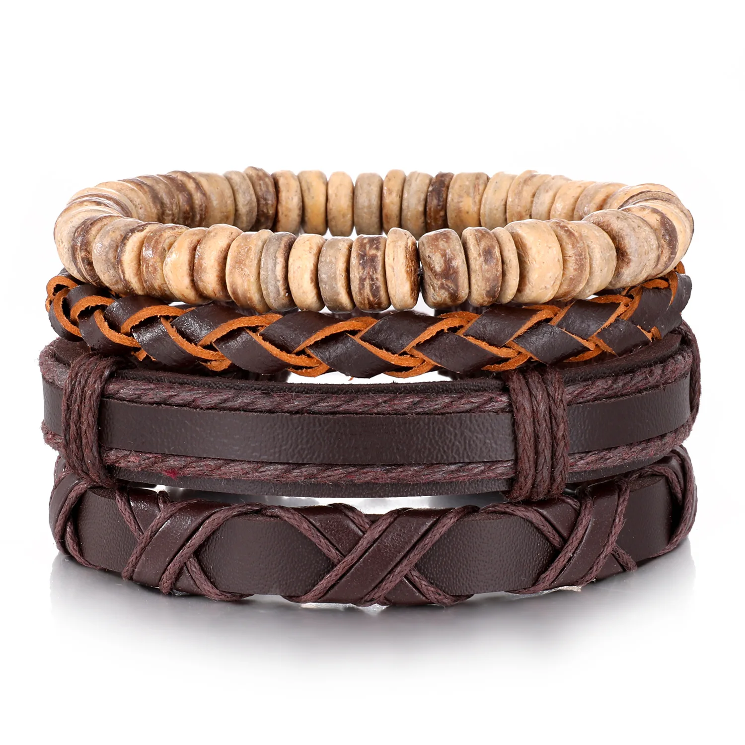 Retro Handgewebte Holzperlen Mehrschichtige Armbänder Hip-Hop Leder Kokosnussschale Herrenarmbänder Modeschmuck Trendige Accessoires – Detail 5