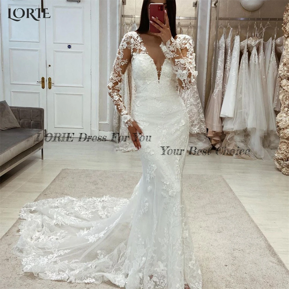 LORIE – robe de mariée sirène en dentelle Vintage, col en v profond, fleurs appliquées, manches cape de plage, concours de beauté, 2023