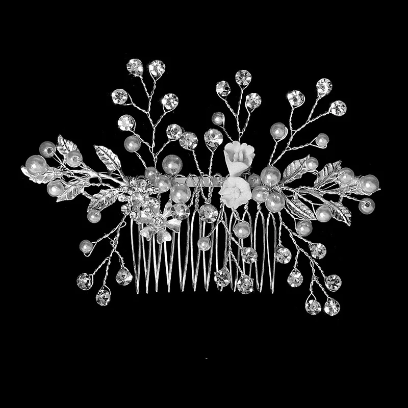 Neuer Haarkamm aus Silberlegierung, handgefertigte Perlen, Strasssteine, modischer Metall-Kopfschmuck, elegantes Haarschmuck-Accessoire für Frauen – Detail 25