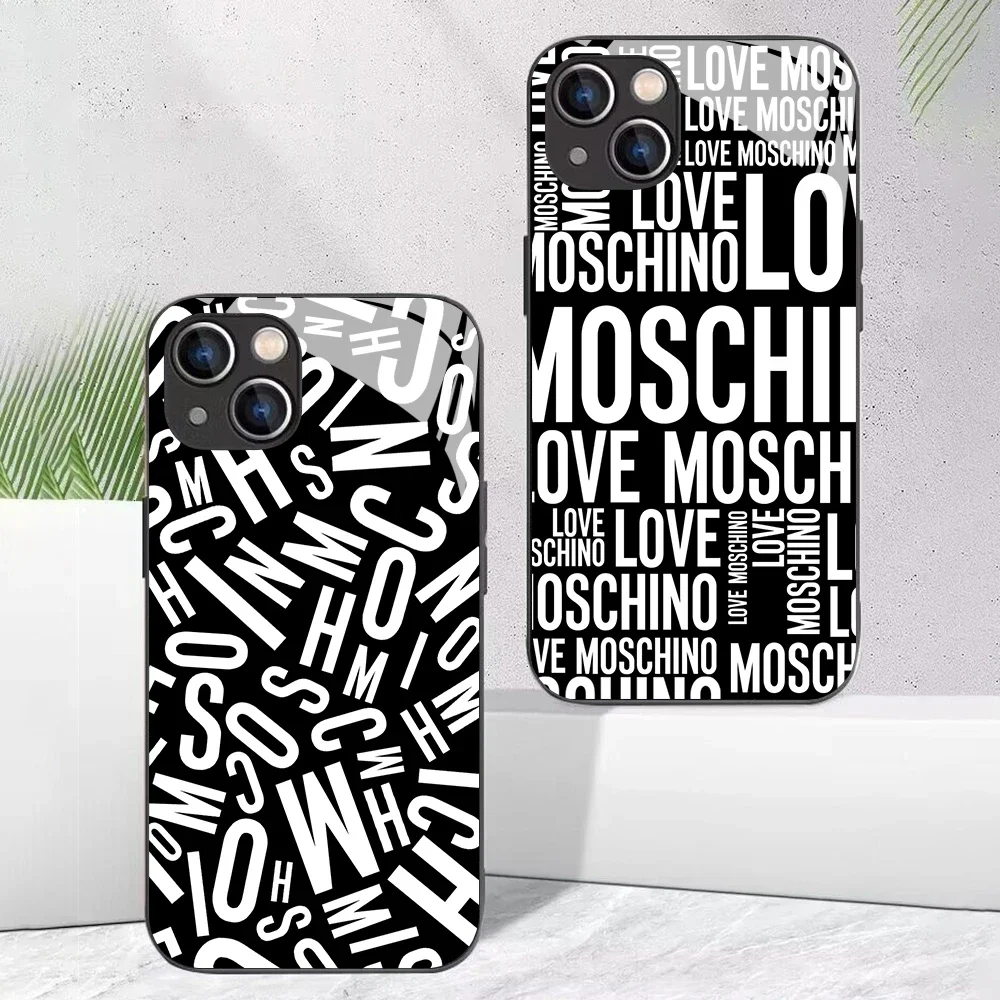 Black Letters Phone Case For-M-MoschinoS-iPhone 16 15 14 13 12 Mini 11 Pro XS Max XR X SE 8 7 Plus Glass Soft Frame Back Cover