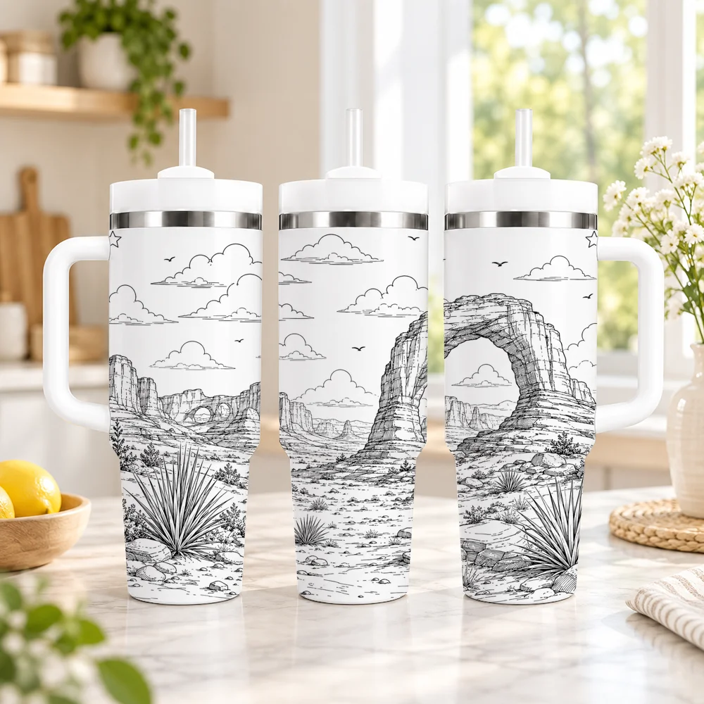 Desert Cactus Landscape Art Vacuum Flasks 40oz em Aco Inoxidavel com Alca e Canudo, Caneca de Viagem a Prova de Vazamentos