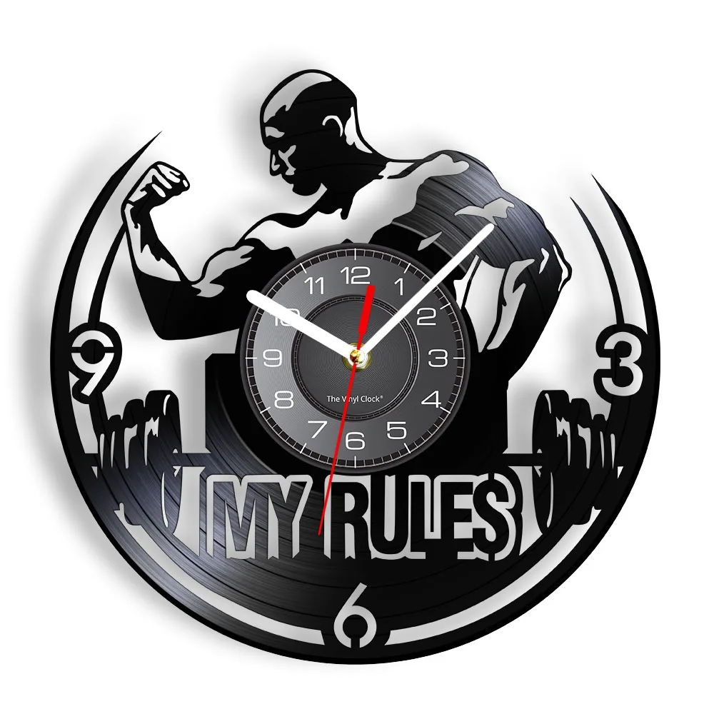 Reloj de pared con frase motivacional de My Rule, reloj de pared para gimnasio, hombre musculoso, reloj de pared con disco de vinilo, reloj decorativo para centro de Fitness