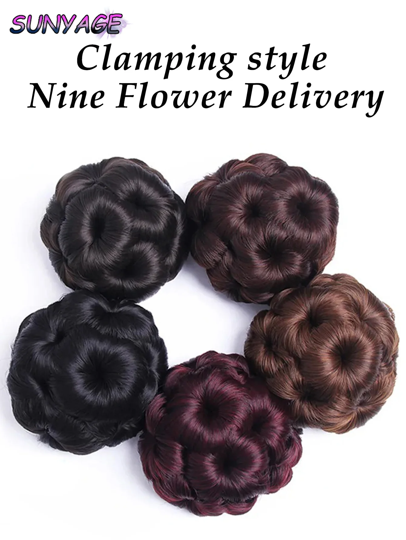 SUNYAGE الاصطناعية ارتفاع درجة الحرارة الألياف العقدة تسعة الزهور الشعر النساء مجعد Chignon كعكة الشعر دونات كليب في هيربيسي