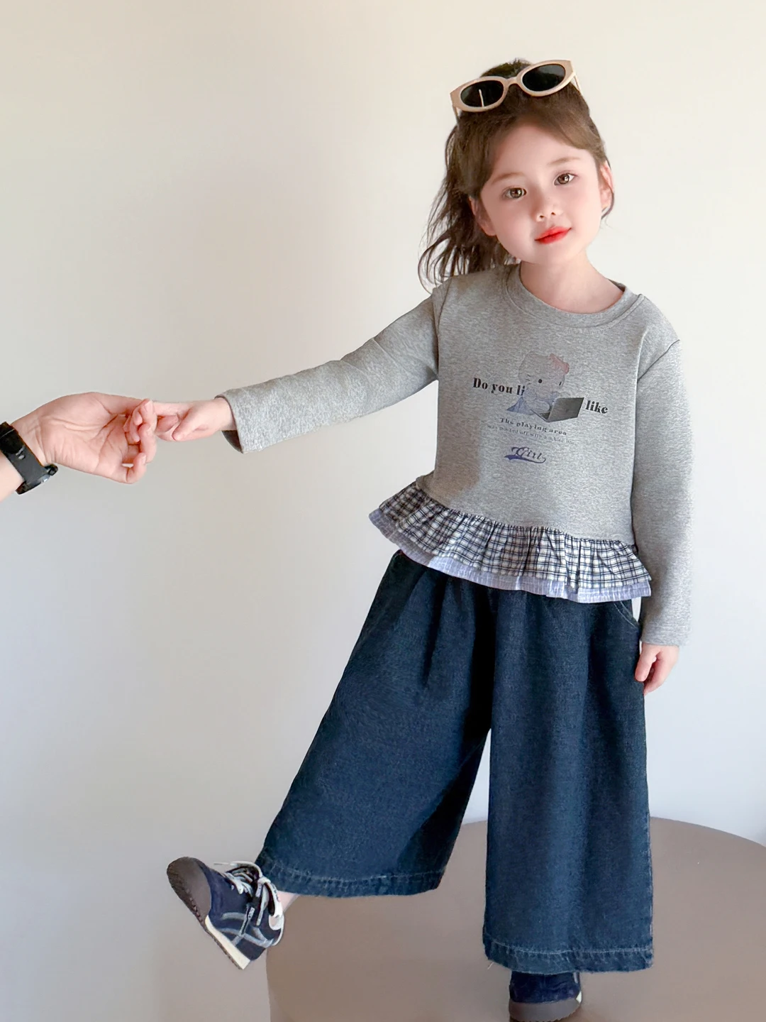 Girls Spring 2026 Cartoon Long Sve Ruffle Plaid Patchwork Top Denim Pants Two Piece Set Breathable Lightweight Childre...