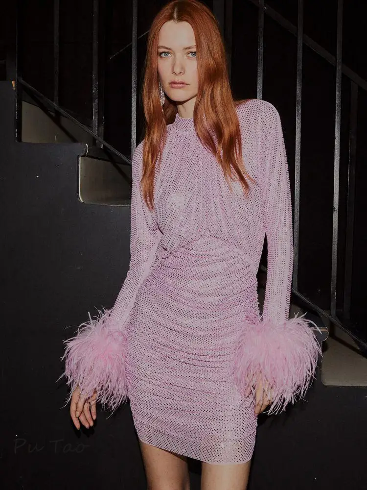 

PuTAO Luxury Pink Short Homecoming Dress Women Luxury Diamonds Long Sleeves With Feather Slim Wrap Hips Mini Cokctail Dress