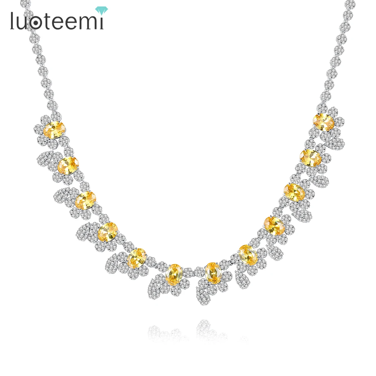 

LUOTEEMI Gorgeous Wedding Bridal Necklace Full Yellow Clear Crystal Chain Summer Party Gift Luxury Brilliant Pendant for Bride