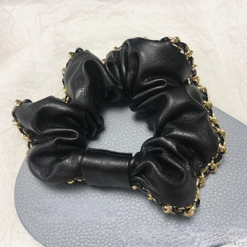 

New Metal Chain PU Leather Hair Circle Large Pig Intestine Temperament Ladies Accessories Headdress for Women