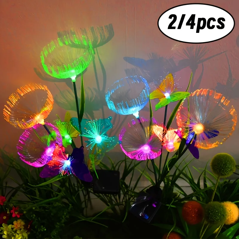 

2/4 Pack Solar Light Outdoor Garden Decor - Upgraded Solar Outdoor Lights with 6 Fiber Optic Jellyfish Butterflies, IP65, 7 Colo