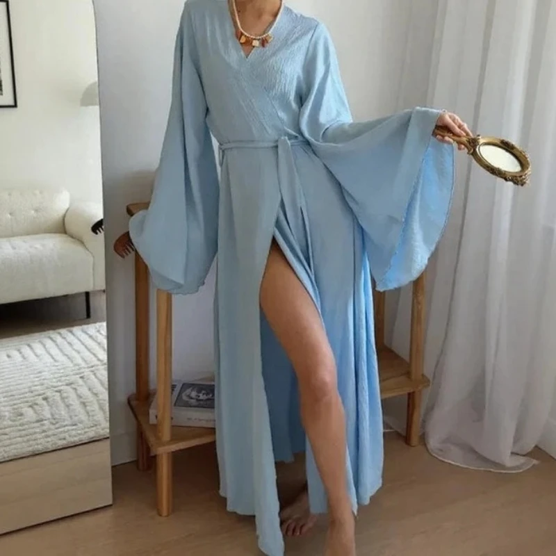 

Spring Summer New Flared Sleeve V-neck Fashionable Lace Up Sunscreen Jacket Long Robe Nightgown for Home and Outdoor Wear