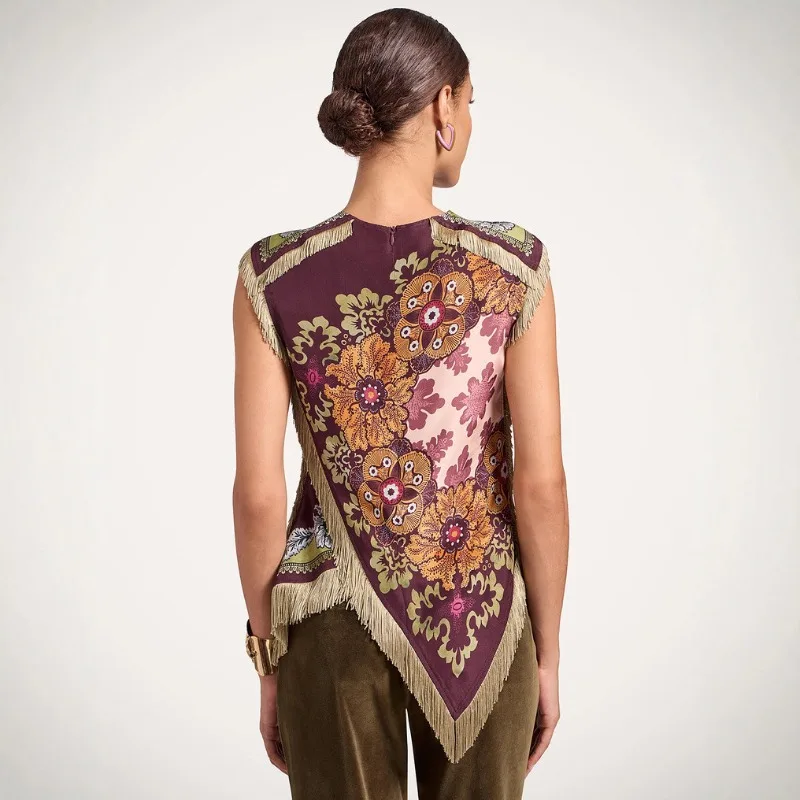 Fashion Floral Print Top With Fringe Trim Vintage Women O-neck Sleeveless Asymmetric Hem Satin Blouse Lady 2026 New Chic Tops