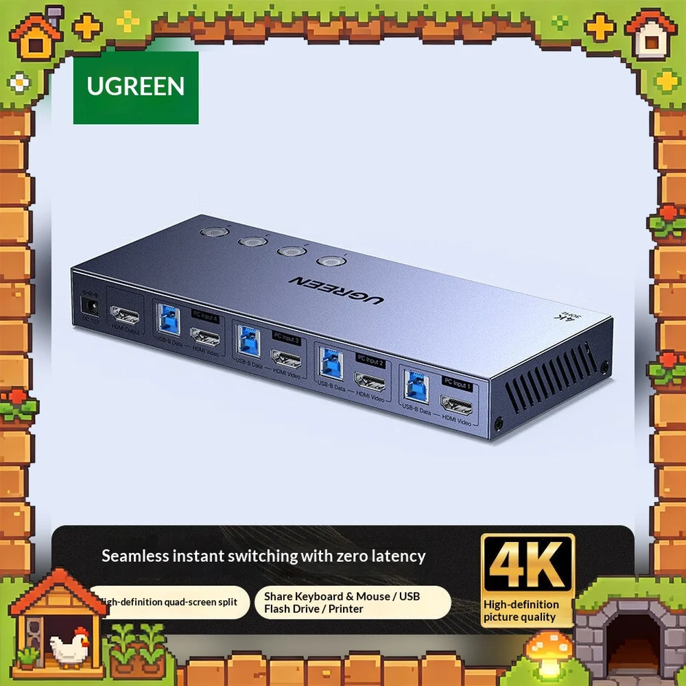 UGREEN 55497 HDMI 1.4 KVM Switch 4 In 1 Out Seamless Video Selector for Four Computers One Monitor