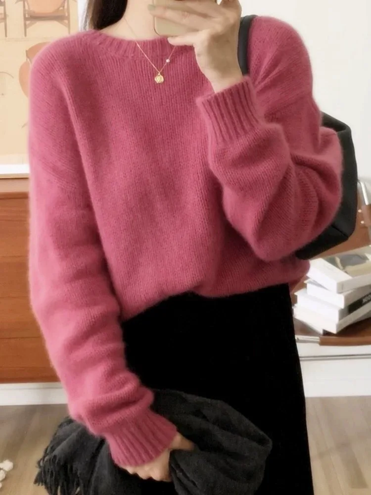 

Korean Fashion O Neck Sweater Women Autumn Winter New Round Neck Pullover 100 Wool Cashmere Knit Loose Warm Tops