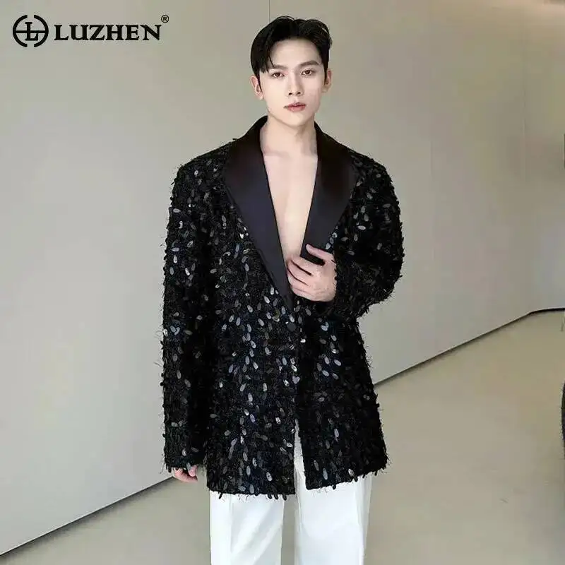 LUZHEN Design Patchwork Burr Original Casual Shoulder Pad Sequin Blazer Coat Men's 2025 Autumn Fashion Temperament Jacket JY7384