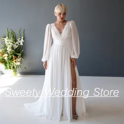 2025 Plus Size Wedding Dress Customized V Neck Puff Sleeves Split Chiffon Bridal Gown Sweep Train Robe Mariee Bride Dresses