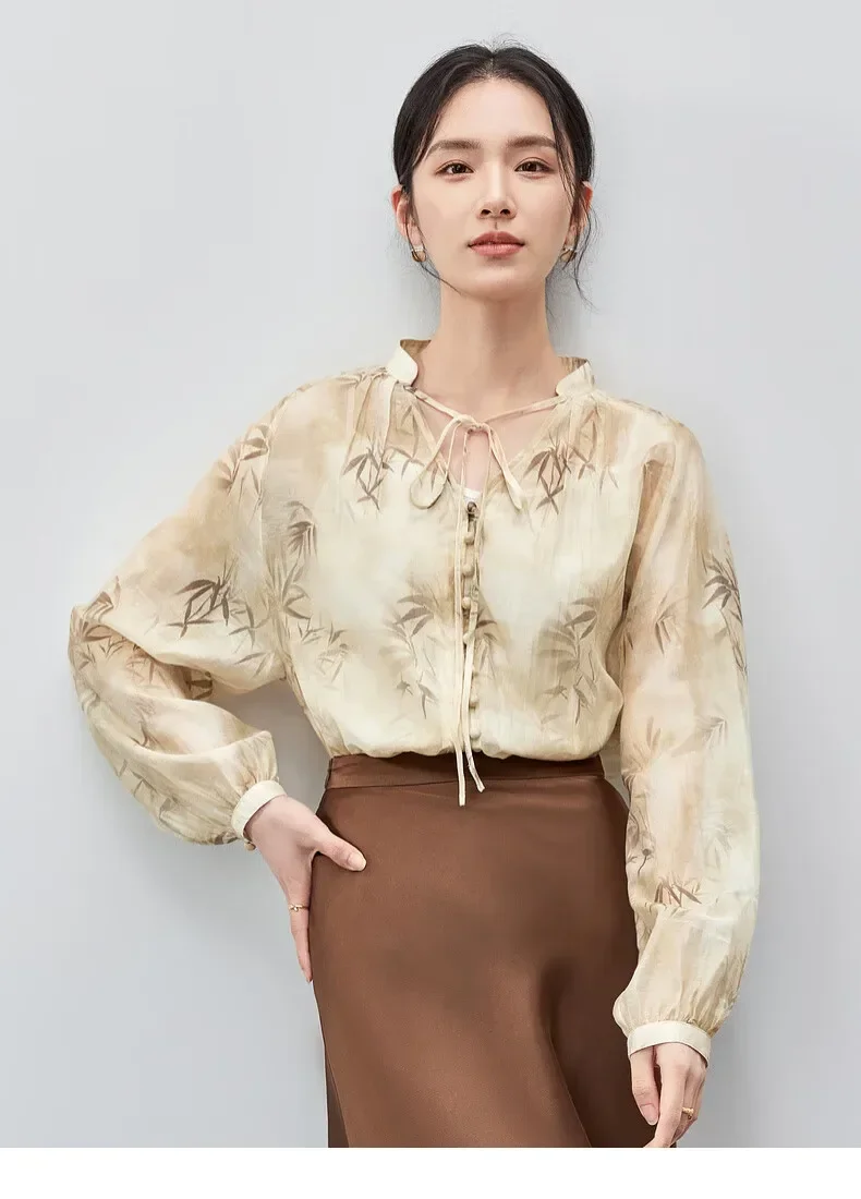 SENTUBILA 2 Piece Sets Outfits Women's Clothing 2025 Autumn Basic Vest Tops Linen Print Lantern Sleeve Lace-Up Shirts 143V55857