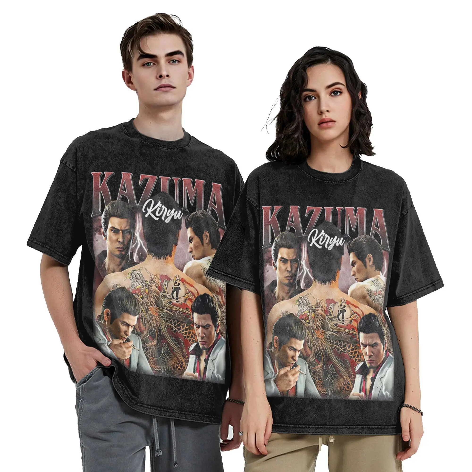 YAKUZA Kazuma Kiryu Vintage Bootleg Style Washed T Shirts Streetwear Hip Hop Vintage T-Shirts Tees Men Women 100% Cotton Graphic