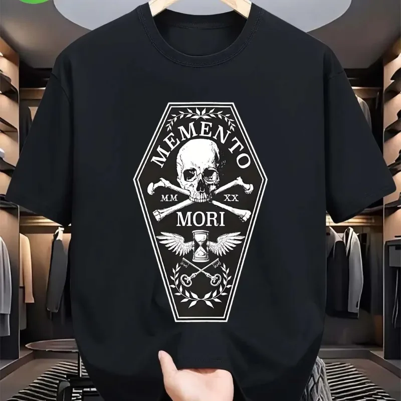 Men's Gothic Memento Mori T-shirt Design with Black Skull and Hourglass Print, Suitable for Both Men and Women in All Seasons