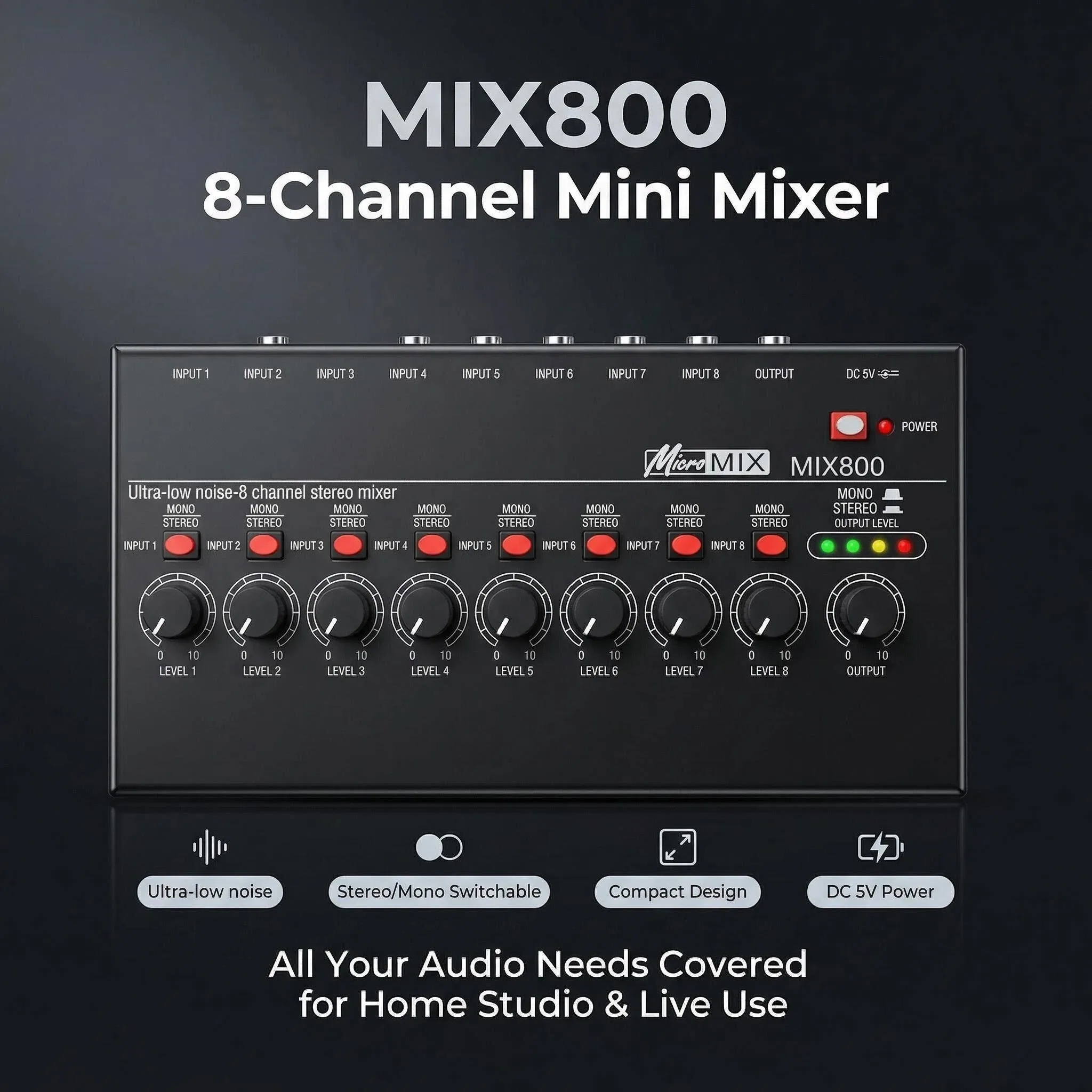 

MIX800 8-канальный мини-аудиомикшер со сверхнизким уровнем шума, стереомикшерный пульт для прямых трансляций, записи, караоке, инструментов, с питанием от USB