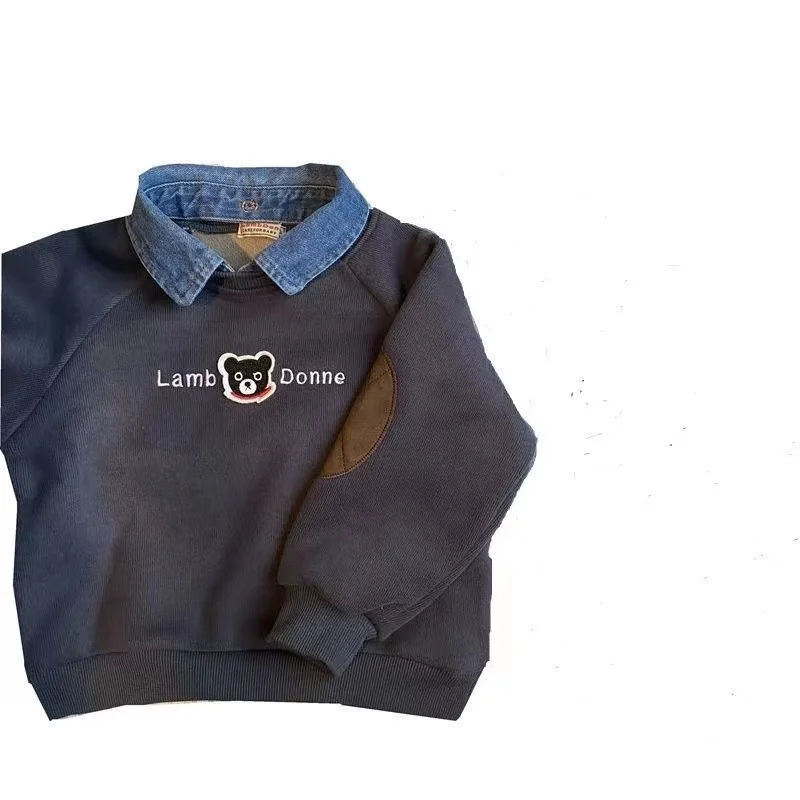 Baby Jungen Mädchen Langarm-Sweatshirt 2026 Herbst Winter Kinder Cartoon Bär Plüsch Dick Denim Revers Pullover Basis-Shirt Oberteil – Detail 4