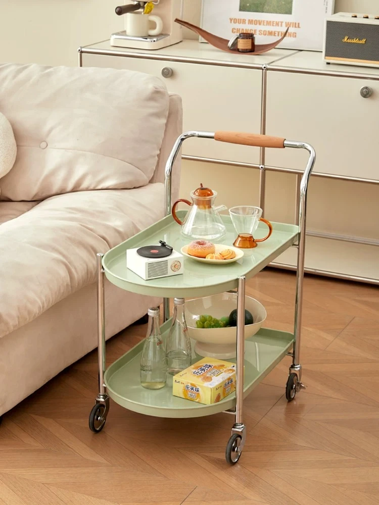 Nordic Living Room Sofa Side Table Double Layer Storage Rack Cream Style Movable Coffee Table Trolley Creative Furniture
