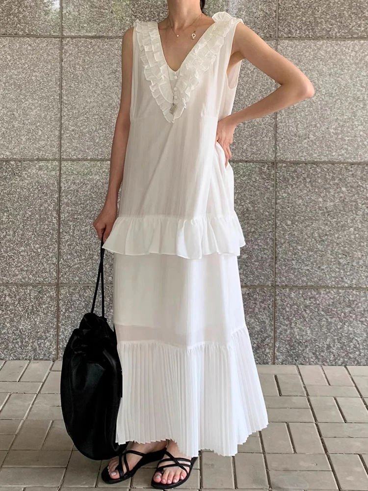 Liangliang デザイン V ネックノースリーブベストドレス女性の夏の新しいスプライシングプリーツロングスカート韓国スタイルルーズウエスト