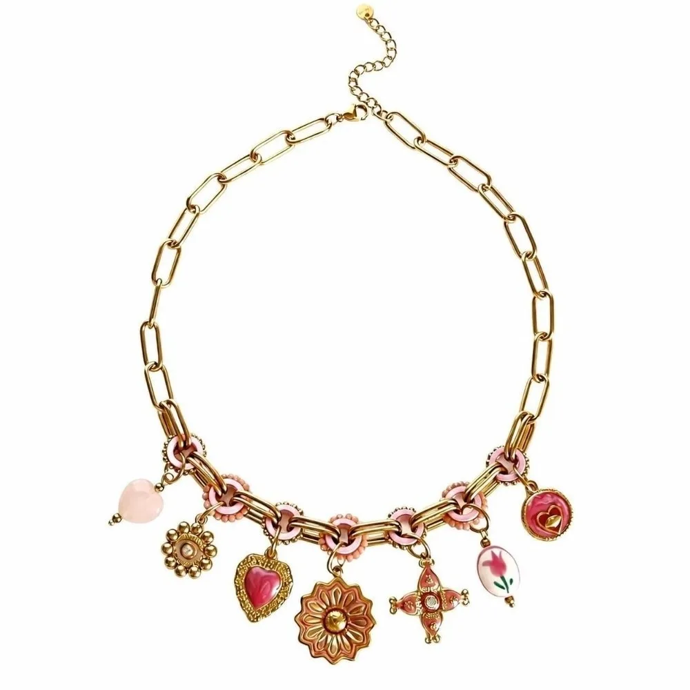New Adjustable Handmade Pendant Pink Enamel Rhinestone Choker Boho Jewelry Women