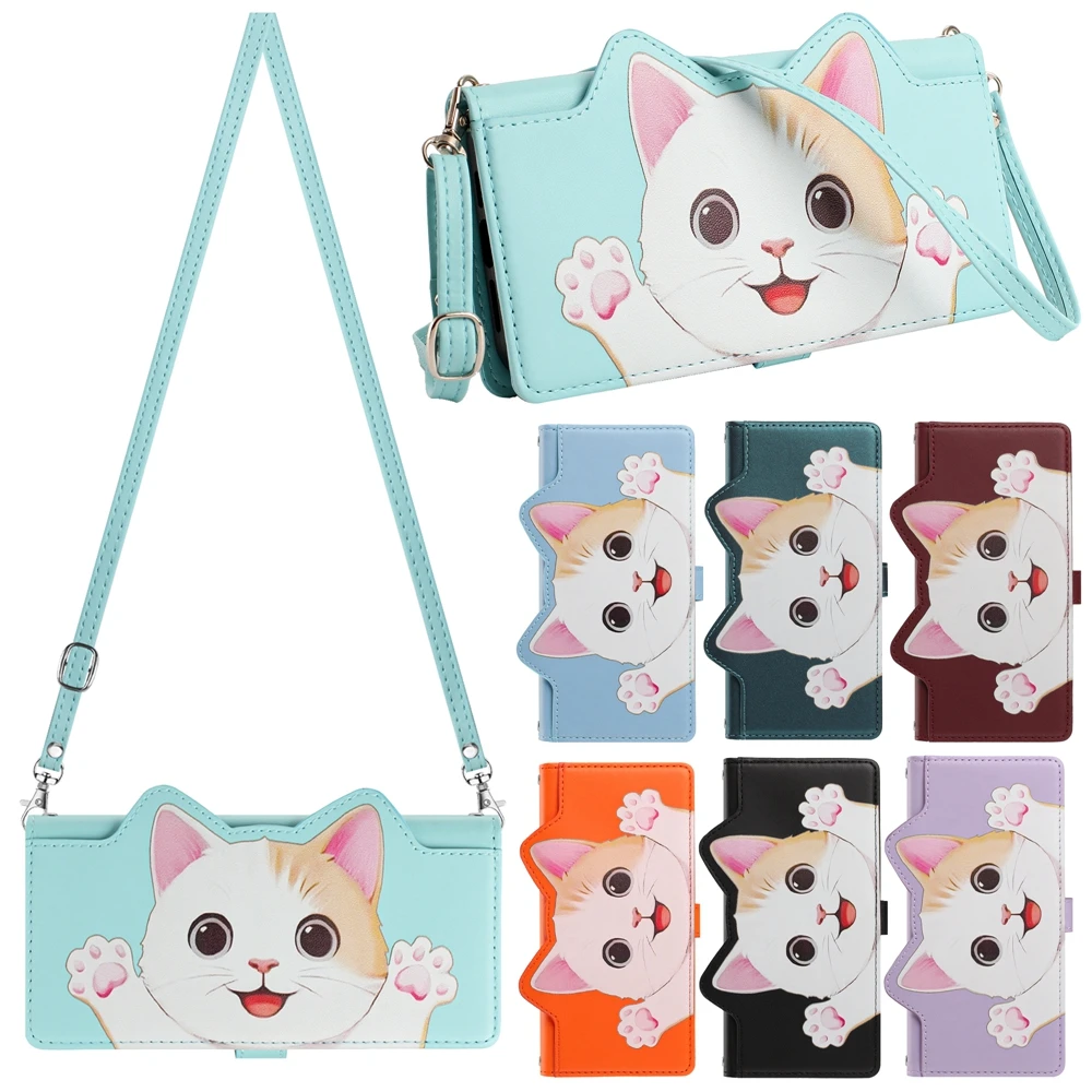 

Crossbody Bag Phone Case for Samsung Galaxy S26 Ultra S25 Edge S24 Plus S23 S22 S21 S20 FE Case 3D Cat Leather Wallet Flip Cover