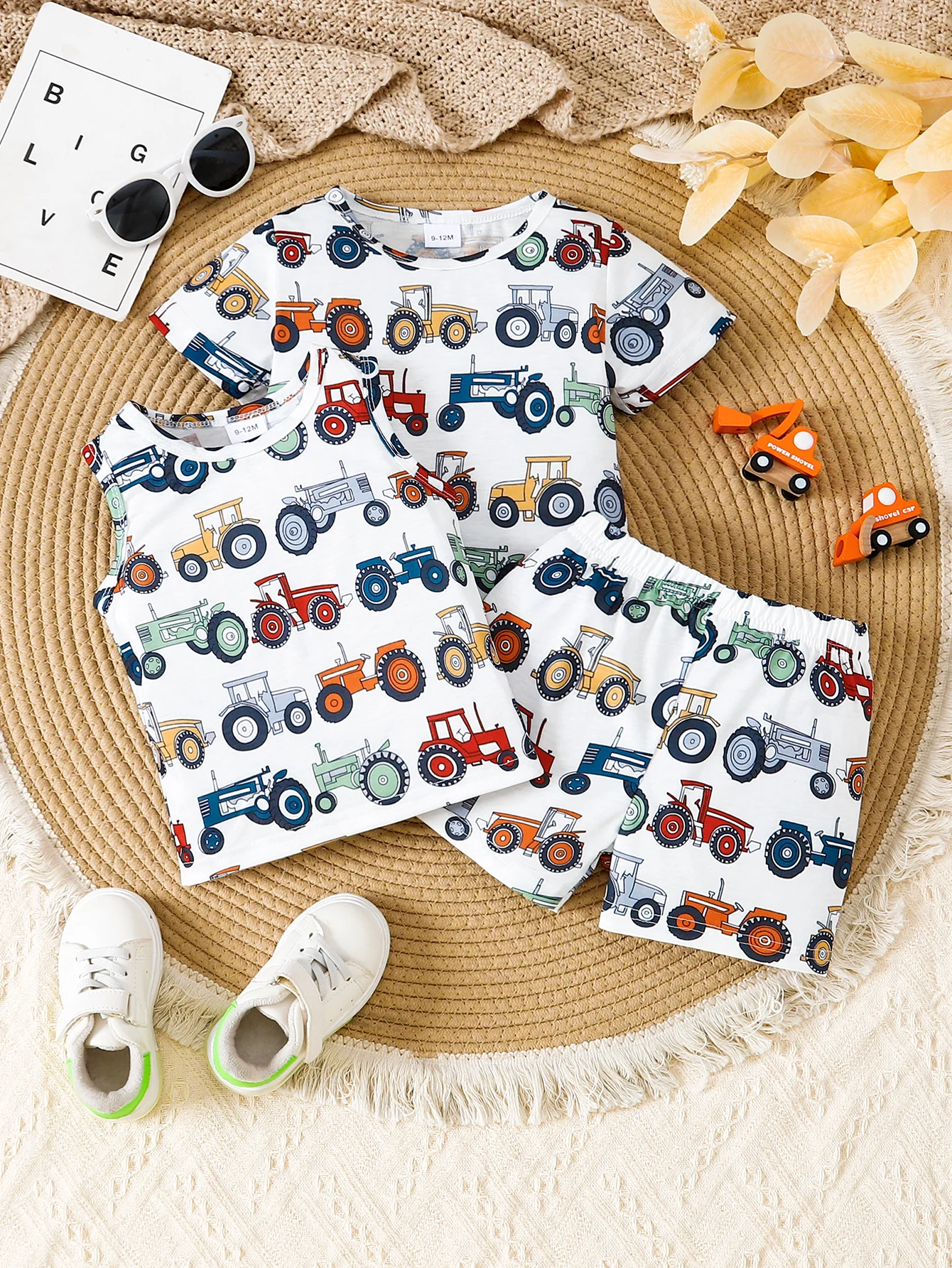 Summer 3-Piece Set for Boys Tractor Print Short Sleeve T-Shirt And Shorts Daily Wear Loungewear Outdoor Play Comfortable Boys' O