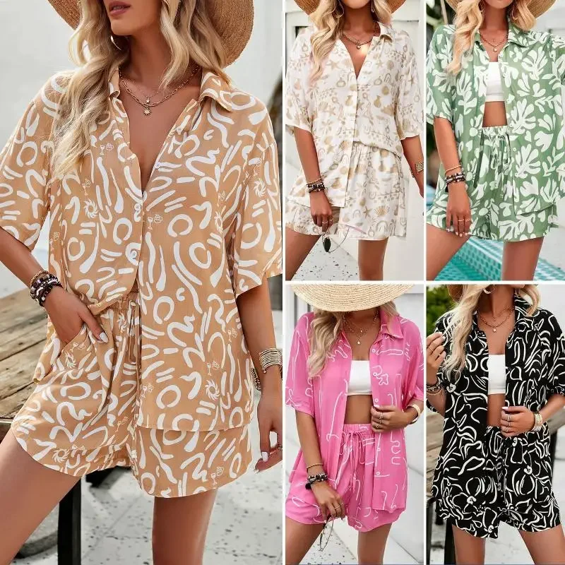 New Fashion Summer Casual Fancy Ladies' Suits Single Breasted Flower Color Shirts Drawstring Shorts Women 2 Piece Set Outfit