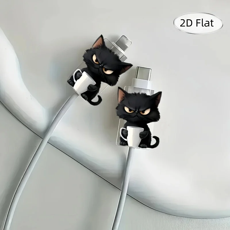 2Pcs 2D Cat Pattern Cable Protector, Anti-Scratch Plastic Cord Sleeve for Type-C Charger Cable, Cute & Durable Design