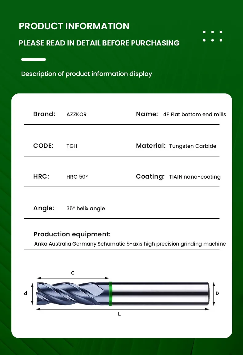 AZZKOR TGH-HRC50 4-Schneiden-Wolframstahl-Hartmetall-Flachfräser mit Nano-Beschichtung für CNC-Bearbeitungszentren, Fräswerkzeuge – Detail 16